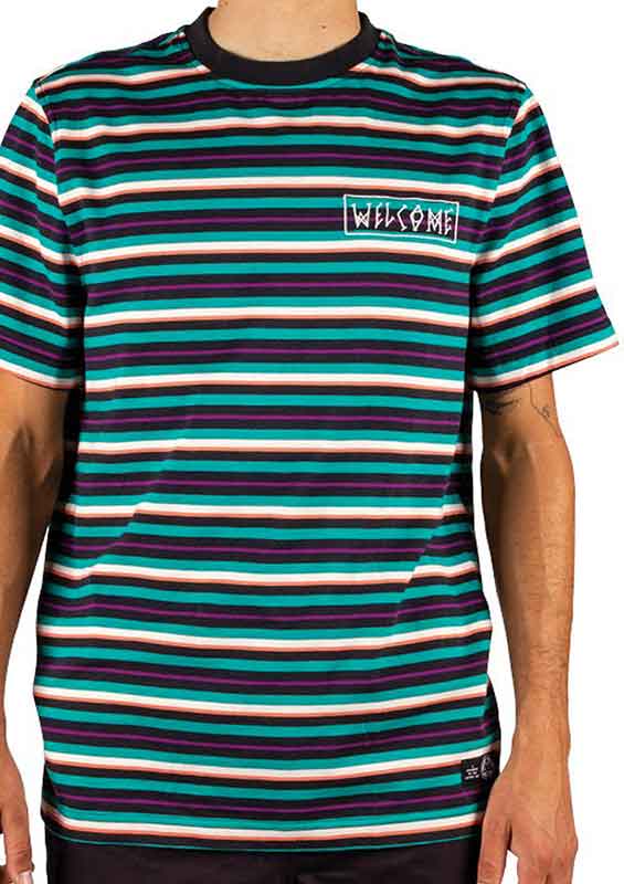 Welcome Surf Stripe Knit T-Shirt Teal Black Bone  Welcome   